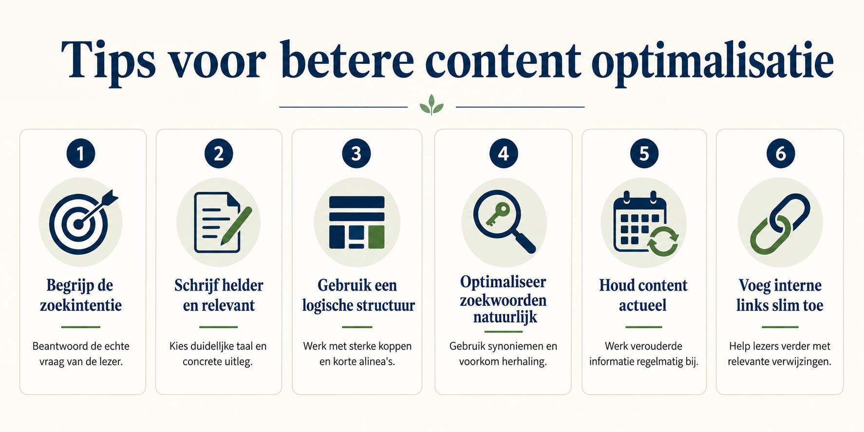 Tips voor betere content optimalisatie: checklist voor koppen, structuur, zoekwoorden en interne links